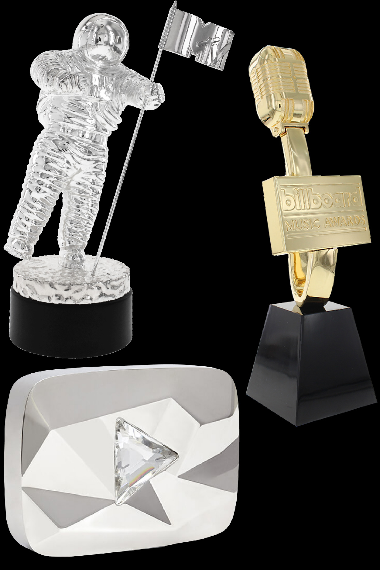 Custom Awards by Society Awards the MTV Moonman Moon Person Baccarat YouTube Diamond Play button creator award and billboard music awards microphone
